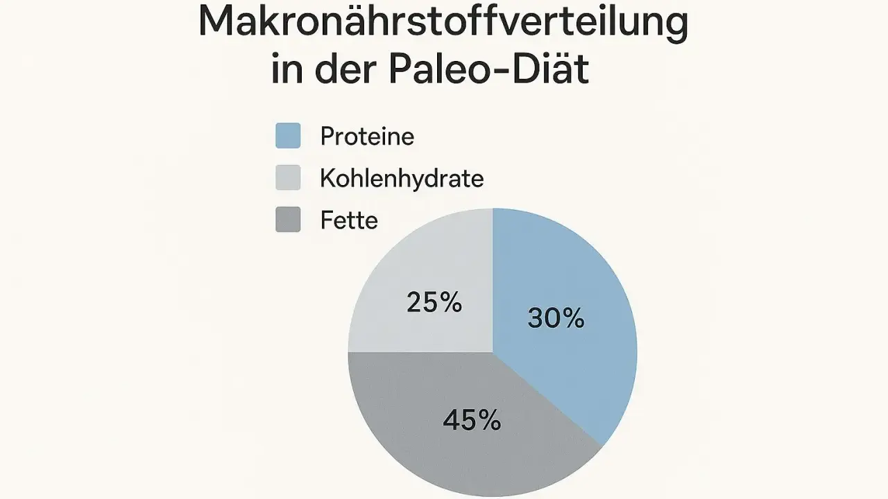 Gráfico de pastel muestra la distribución de macronutrientes en la dieta paleo: 30% proteínas, 25% carbohidratos, 45% grasas.
