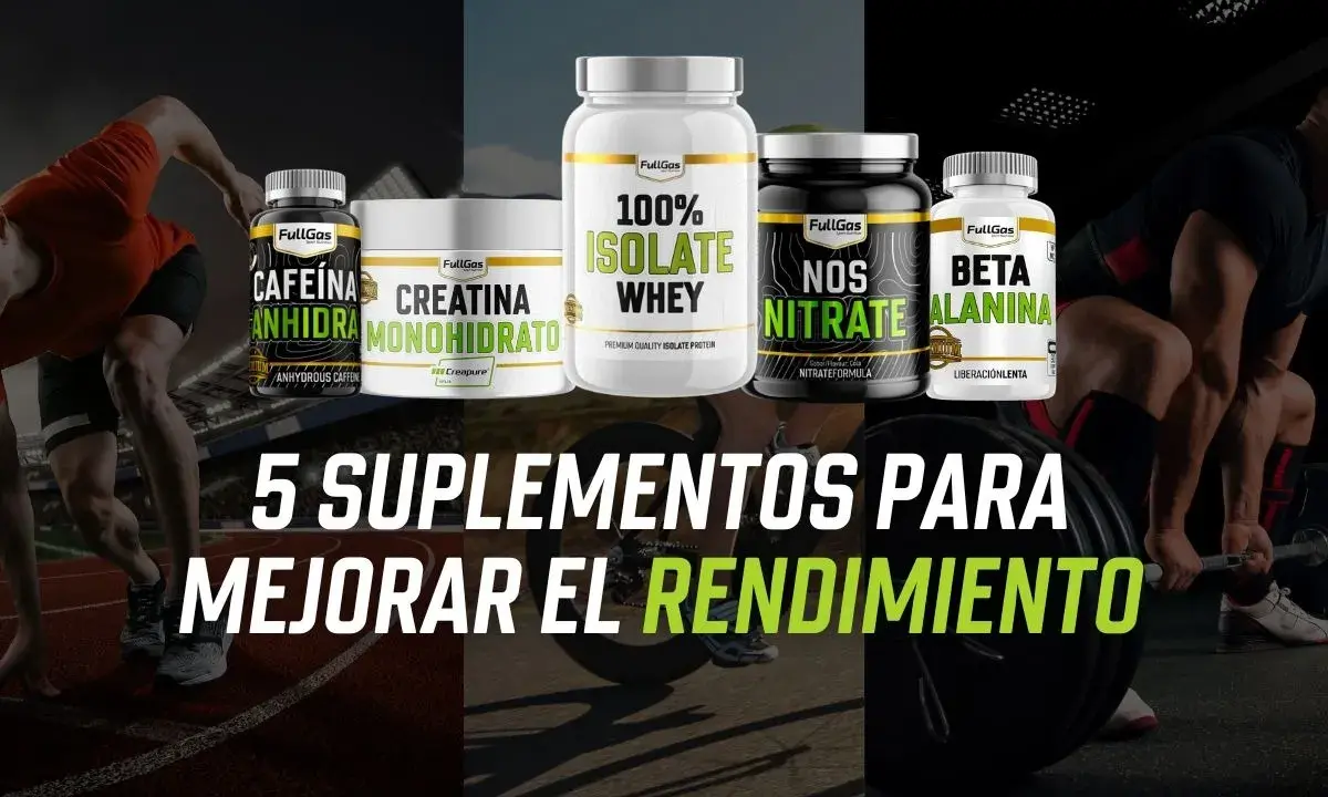 Cinco suplementos FullGas para mejorar el rendimiento: cafeína, creatina, aislado de suero, nitrato y beta alanina.
