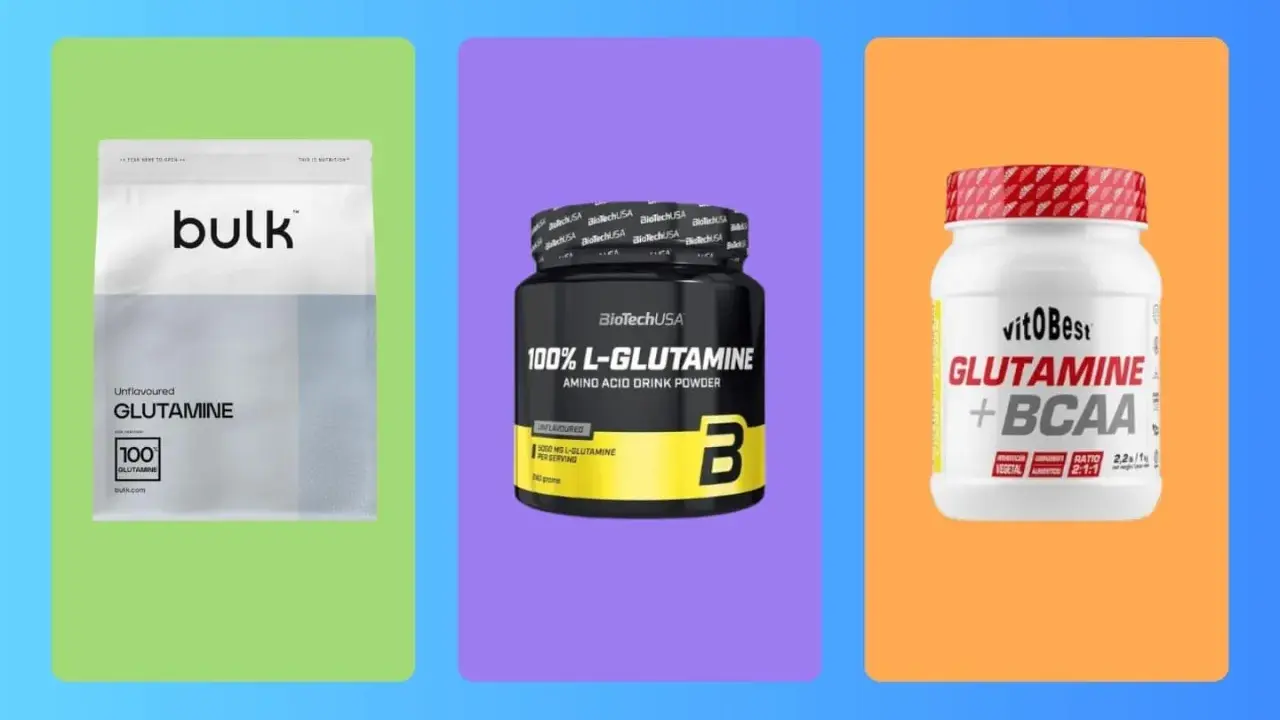 Tres productos de glutamina: bolsa de Bulk, bote de BioTechUSA y bote de VitoBest. Aprende como tomar glutamina para tus objetivos.