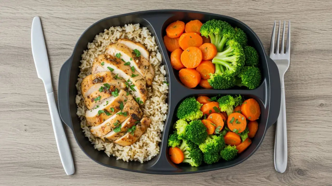 Pollo a la parrilla con arroz integral y brócoli con zanahorias. Una comida equilibrada que ayuda a entender qué es el déficit calórico.