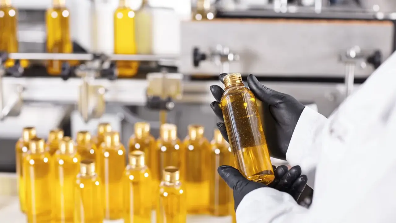 Manos enguantadas revisan botellas de líquido dorado, quizás para advertir que el aceite de girasol es malo.