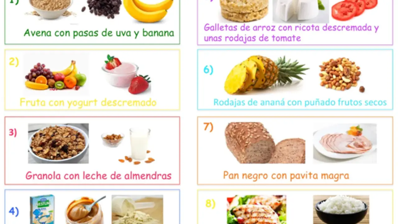 Ideas de qué comer después de entrenar para ganar masa muscular: avena, fruta, granola, pollo, pan integral y más.