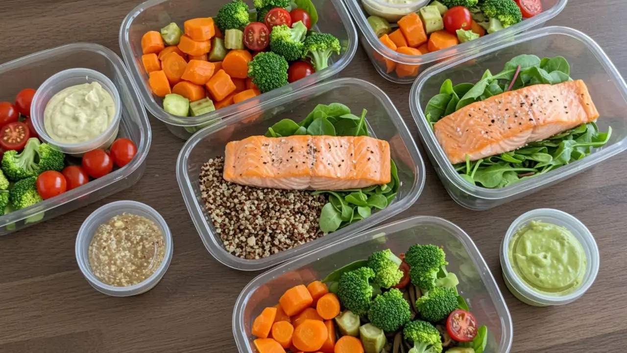 Preparación de comidas saludables: salmón, quinoa, brócoli, zanahorias y aderezos para un menú sin carbohidratos.