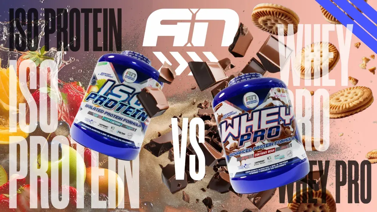 Comparativa visual: diferencia entre proteína iso y whey. Envases de proteína, frutas, chocolate y galletas.