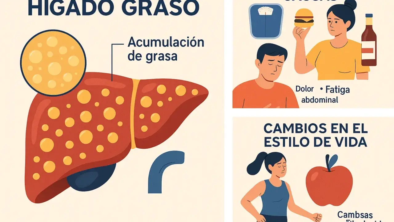 Ilustración sobre hígado graso, sus causas (obesidad, comida rápida, alcohol) y cambios en el estilo de vida para una dieta saludable.
