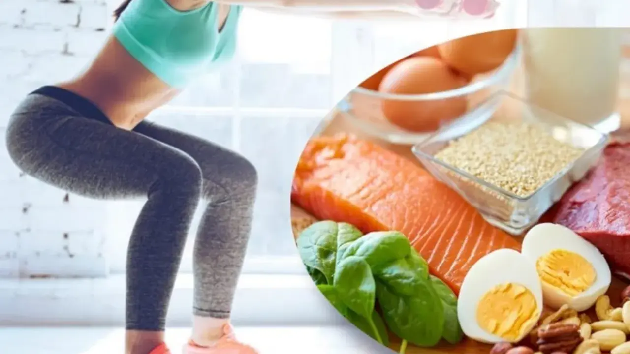 Rutina de ejercicios y alimentos para aumentar masa muscular en piernas y glúteos: salmón, huevos, carne, espinacas, frutos secos y quinoa.