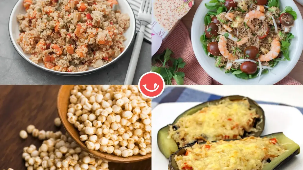 Platos variados con quinoa: ensalada con gambas, quinoa con verduras, berenjenas rellenas y granos de quinoa.