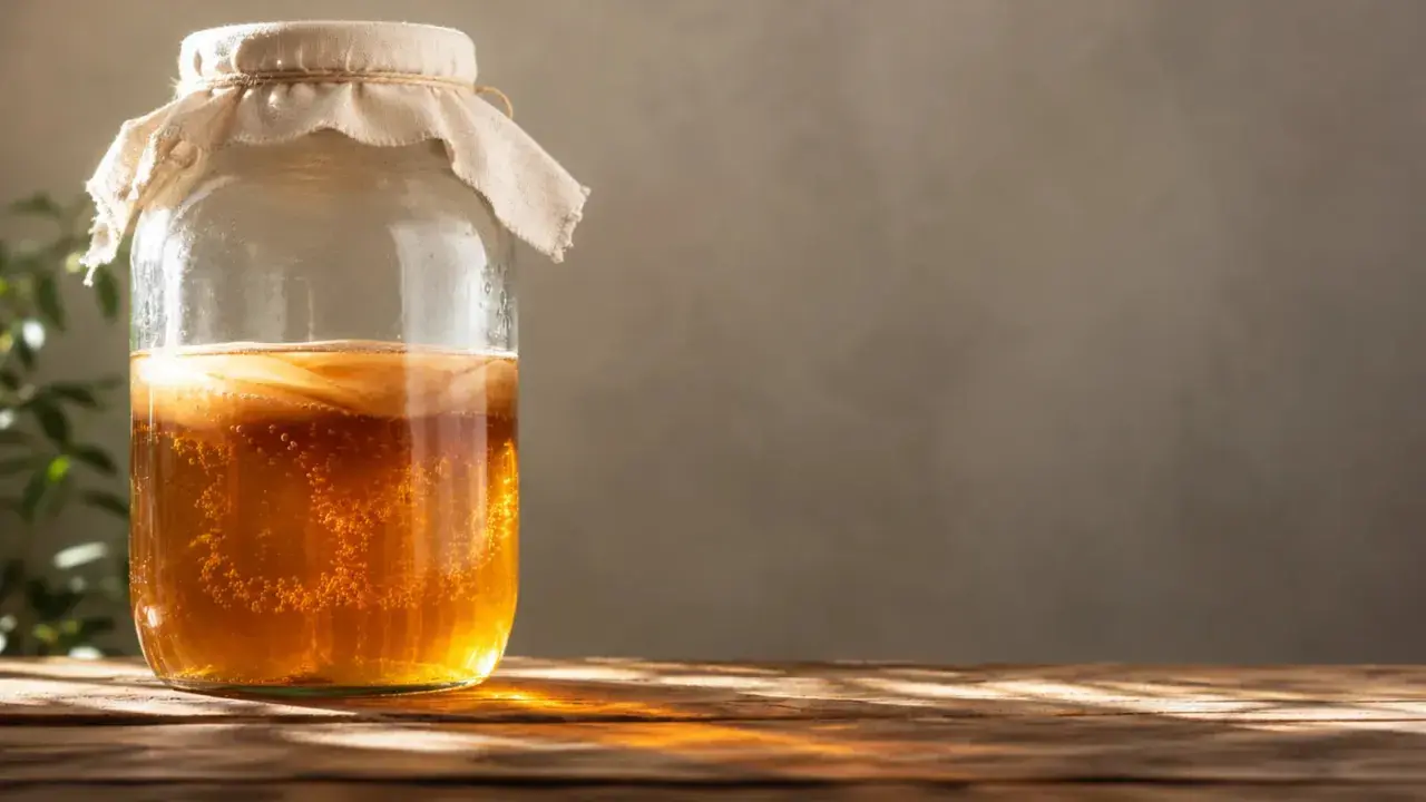 Un tarro de kombucha burbujeante, ideal para la salud digestiva. Descubre para qué es bueno la kombucha y sus beneficios.