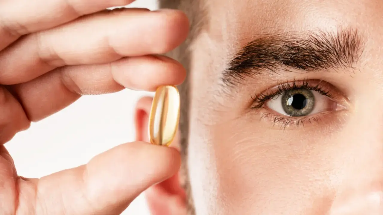 Un hombre sostiene una cápsula de aceite de pescado, destacando los omega 3 beneficios para hombres.