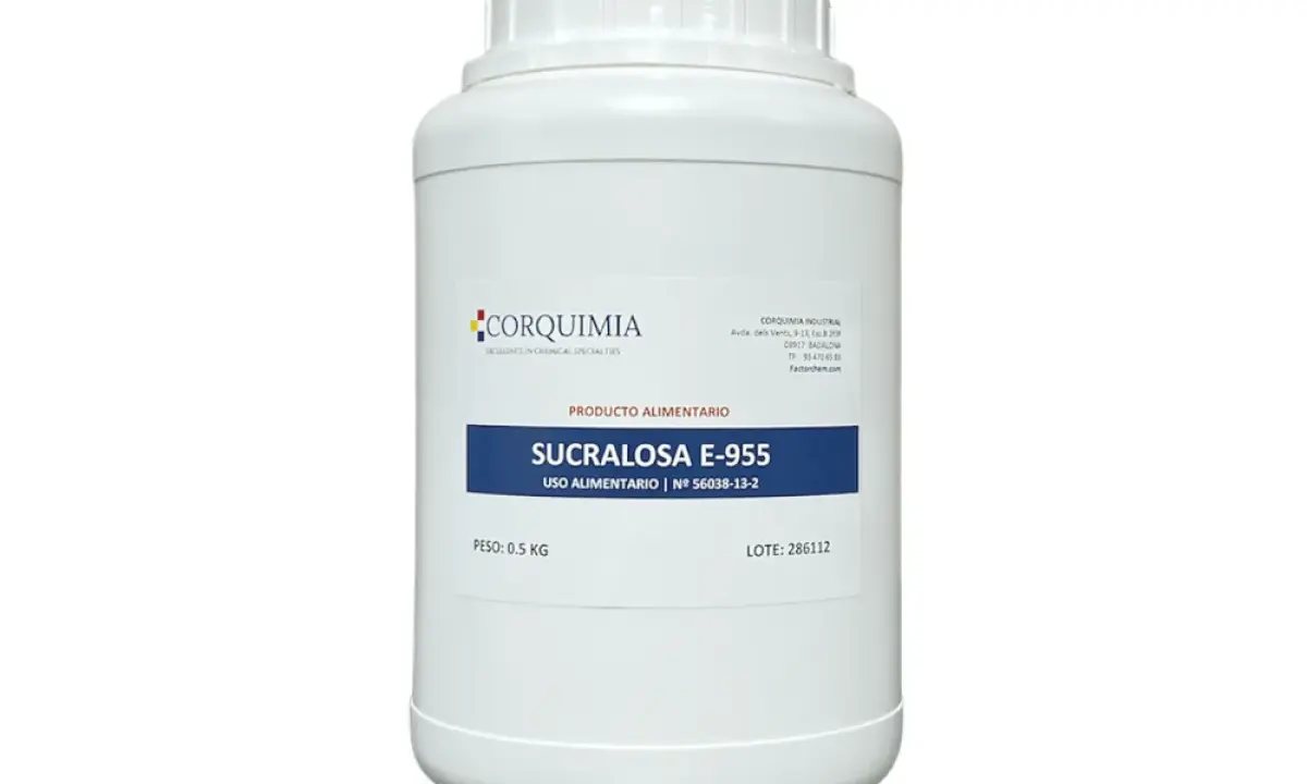 Envase de 0.5 kg de sucralosa E-955, un edulcorante apto para uso alimentario de Corquimia.