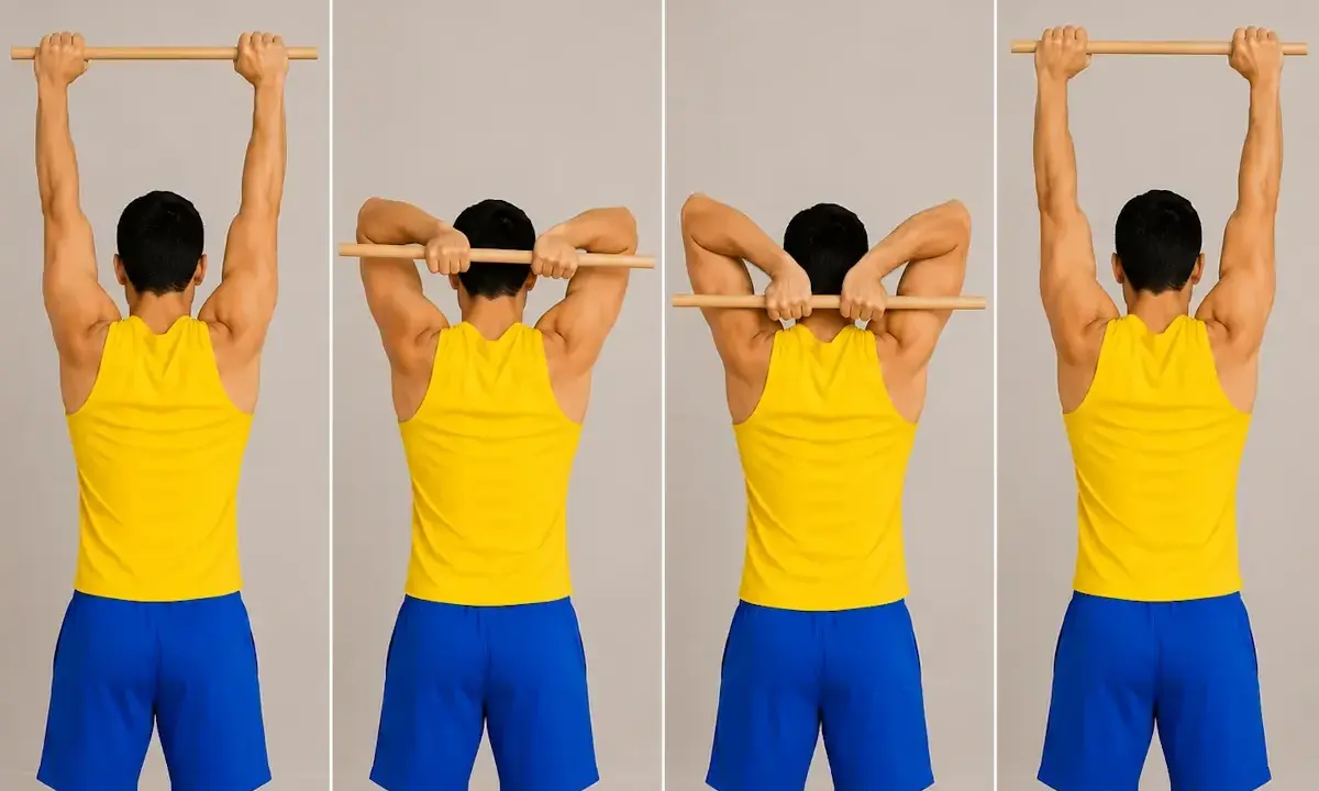 Hombre realiza estiramiento de tríceps con barra, mostrando la flexión y extensión de codos.