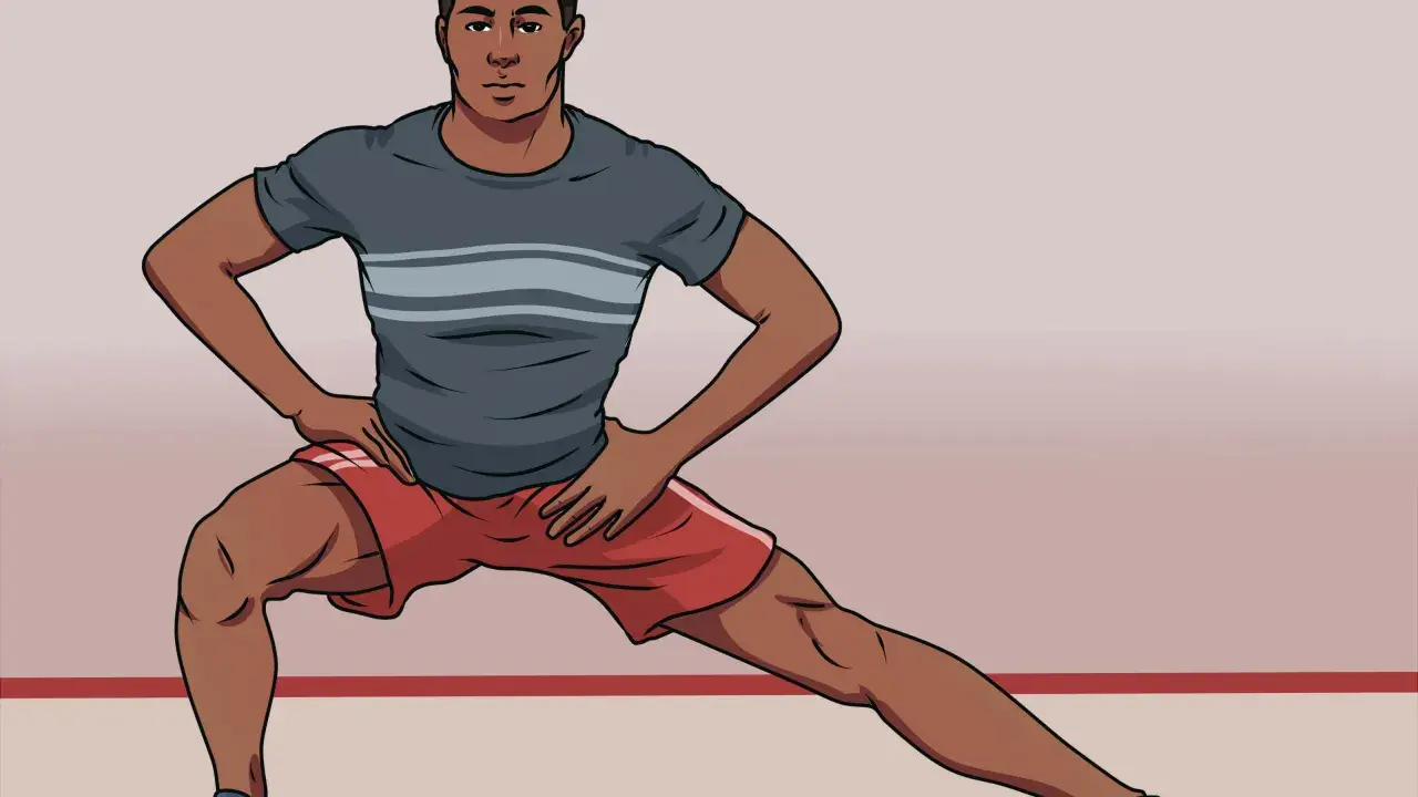Hombre realizando una apertura lateral de piernas, con las manos en las caderas, estirando sus músculos.