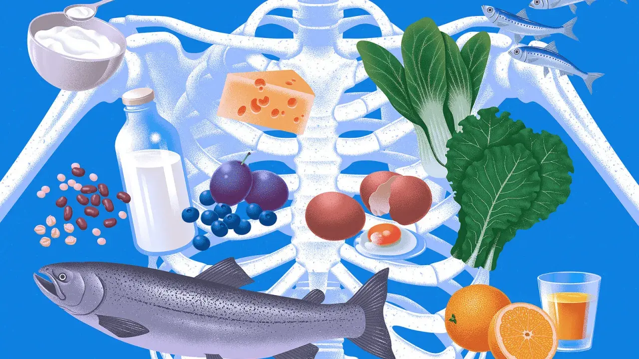 Alimentos clave para una dieta para osteoporosis: lácteos, pescado, huevos, verduras de hoja verde, frutas y legumbres, rodeando un esqueleto.