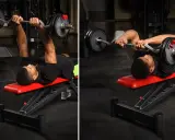 Hombre haciendo ejercicio en banco con barra para triceps francés.