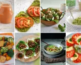 Variedad de comidas bajas en carbohidratos: gazpacho, tostadas de aguacate, falafel, pasta de calabacín, ensalada caprese, y más.