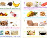 Ideas de qué comer después de entrenar para ganar masa muscular: avena, fruta, granola, pollo, pan integral y más.
