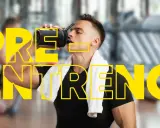 Hombre bebiendo de un termo en el gimnasio. El texto "PRE ENTREN" sugiere la pregunta: ¿cuánto dura el efecto del pre entreno?