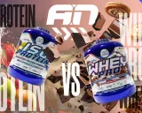 Comparativa visual: diferencia entre proteína iso y whey. Envases de proteína, frutas, chocolate y galletas.