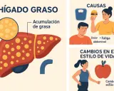 Ilustración sobre hígado graso, sus causas (obesidad, comida rápida, alcohol) y cambios en el estilo de vida para una dieta saludable.