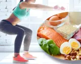 Rutina de ejercicios y alimentos para aumentar masa muscular en piernas y glúteos: salmón, huevos, carne, espinacas, frutos secos y quinoa.