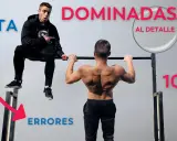 Evita errores en tus dominadas agarre prono. Un hombre realiza el ejercicio con la espalda musculosa, mientras otro señala los fallos.