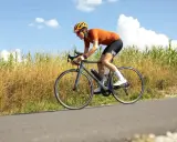 Ciclista en ruta, con casco y gafas, pedaleando con energía. En su bidón lleva lo que toman los ciclistas para recuperar.