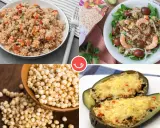 Platos variados con quinoa: ensalada con gambas, quinoa con verduras, berenjenas rellenas y granos de quinoa.