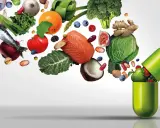 Alimentos como salmón, frutas y verduras, ejemplos de micronutrientes, fluyen hacia una cápsula verde.