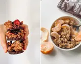 Deliciosa granola con chocolate y frutos rojos, y un tazón de granola con gajos de mandarina. ¡Así es que es la granola!