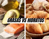 Aguacate, aceite, nueces y salmón, fuentes de grasas saludables, contrastan con panes y cruasanes, ricos en carbohidratos.