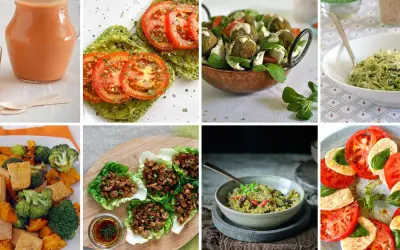 Variedad de comidas bajas en carbohidratos: gazpacho, tostadas de aguacate, falafel, pasta de calabacín, ensalada caprese, y más.