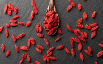 Cucharón de madera lleno de bayas de goji rojas y secas, esparcidas sobre una superficie oscura.