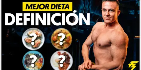Hombre musculoso muestra platos de comida con signos de interrogación. El título dice "Mejor dieta definición".