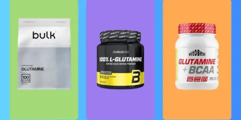 Tres productos de glutamina: bolsa de Bulk, bote de BioTechUSA y bote de VitoBest. Aprende como tomar glutamina para tus objetivos.