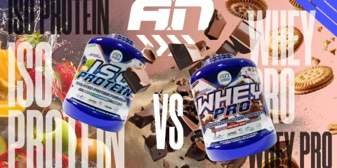 Comparativa visual: diferencia entre proteína iso y whey. Envases de proteína, frutas, chocolate y galletas.