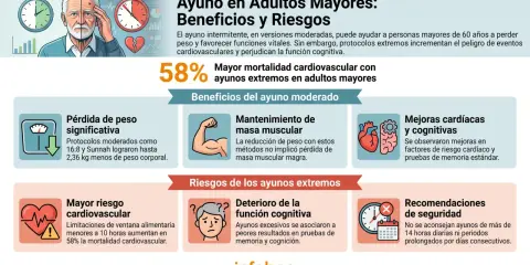 Infografía sobre ayuno intermitente en adultos mayores: beneficios (pérdida de peso, masa muscular, mejoras cardíacas/cognitivas) y riesgos (mortalidad cardiovascular, deterioro cognitivo).