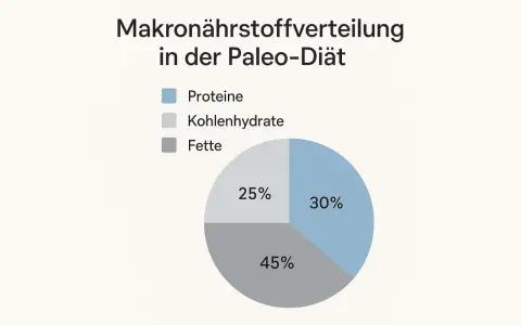Gráfico de pastel muestra la distribución de macronutrientes en la dieta paleo: 30% proteínas, 25% carbohidratos, 45% grasas.