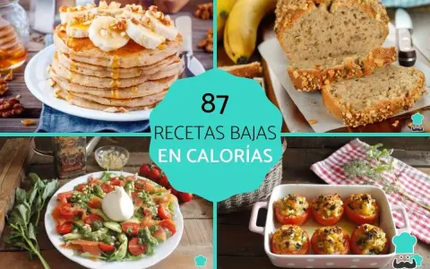 87 recetas bajas en calorías: tortitas con plátano, pan de plátano, ensalada y tomates rellenos.