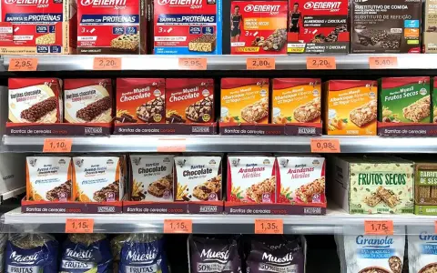 Estanterías de Mercadona con barritas proteicas y de cereales. Variedad de sabores y marcas, con información sobre su valor nutricional.