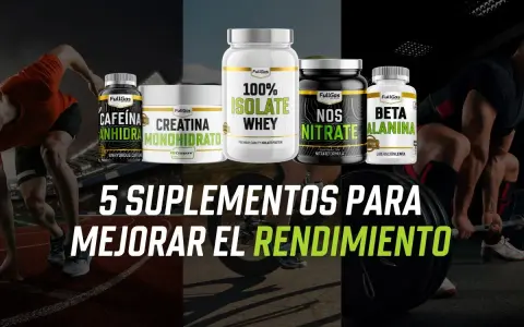Cinco suplementos FullGas para mejorar el rendimiento: cafeína, creatina, aislado de suero, nitrato y beta alanina.