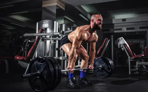 Hombre musculoso levanta una barra con pesas en un gimnasio. Su cuerpo está sudoroso y tenso, listo para el **pes mort**.