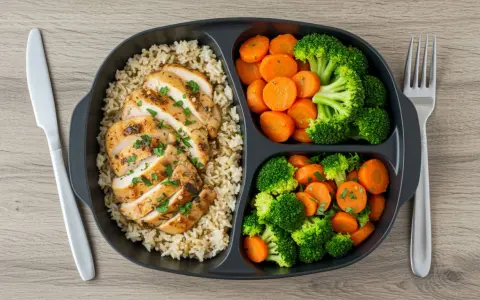 Pollo a la parrilla con arroz integral y brócoli con zanahorias. Una comida equilibrada que ayuda a entender qué es el déficit calórico.