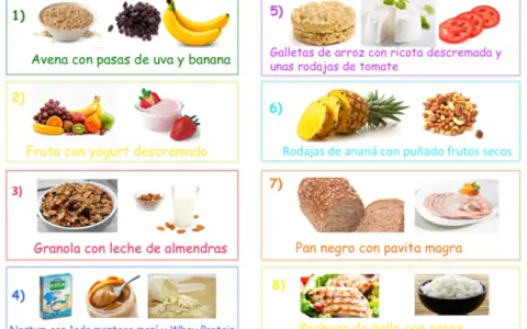 Ideas de qué comer después de entrenar para ganar masa muscular: avena, fruta, granola, pollo, pan integral y más.