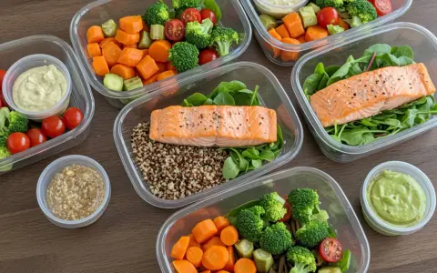Preparación de comidas saludables: salmón, quinoa, brócoli, zanahorias y aderezos para un menú sin carbohidratos.