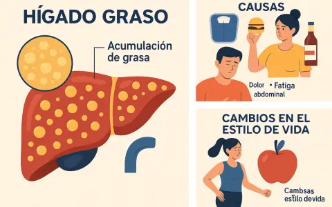 Ilustración sobre hígado graso, sus causas (obesidad, comida rápida, alcohol) y cambios en el estilo de vida para una dieta saludable.