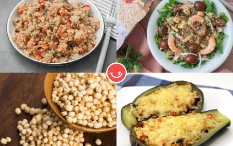 Platos variados con quinoa: ensalada con gambas, quinoa con verduras, berenjenas rellenas y granos de quinoa.