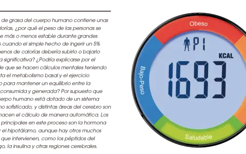 Gráfico circular muestra 1693 KCAL, con zonas "Obeso", "Sobre-Peso", "Saludable" y "Bajo-Peso". Las calorías diarias hombre son clave.