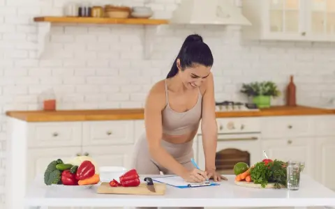 Mujer sonriente planifica su dieta vegetariana para deportistas en la cocina, rodeada de verduras frescas.