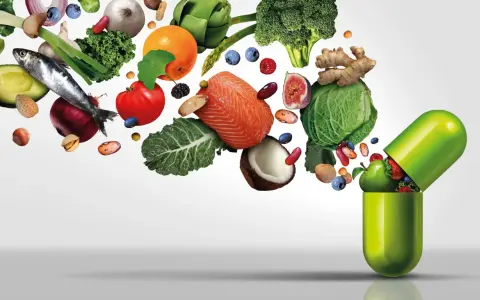 Alimentos como salmón, frutas y verduras, ejemplos de micronutrientes, fluyen hacia una cápsula verde.