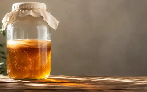 Un tarro de kombucha burbujeante, ideal para la salud digestiva. Descubre para qué es bueno la kombucha y sus beneficios.